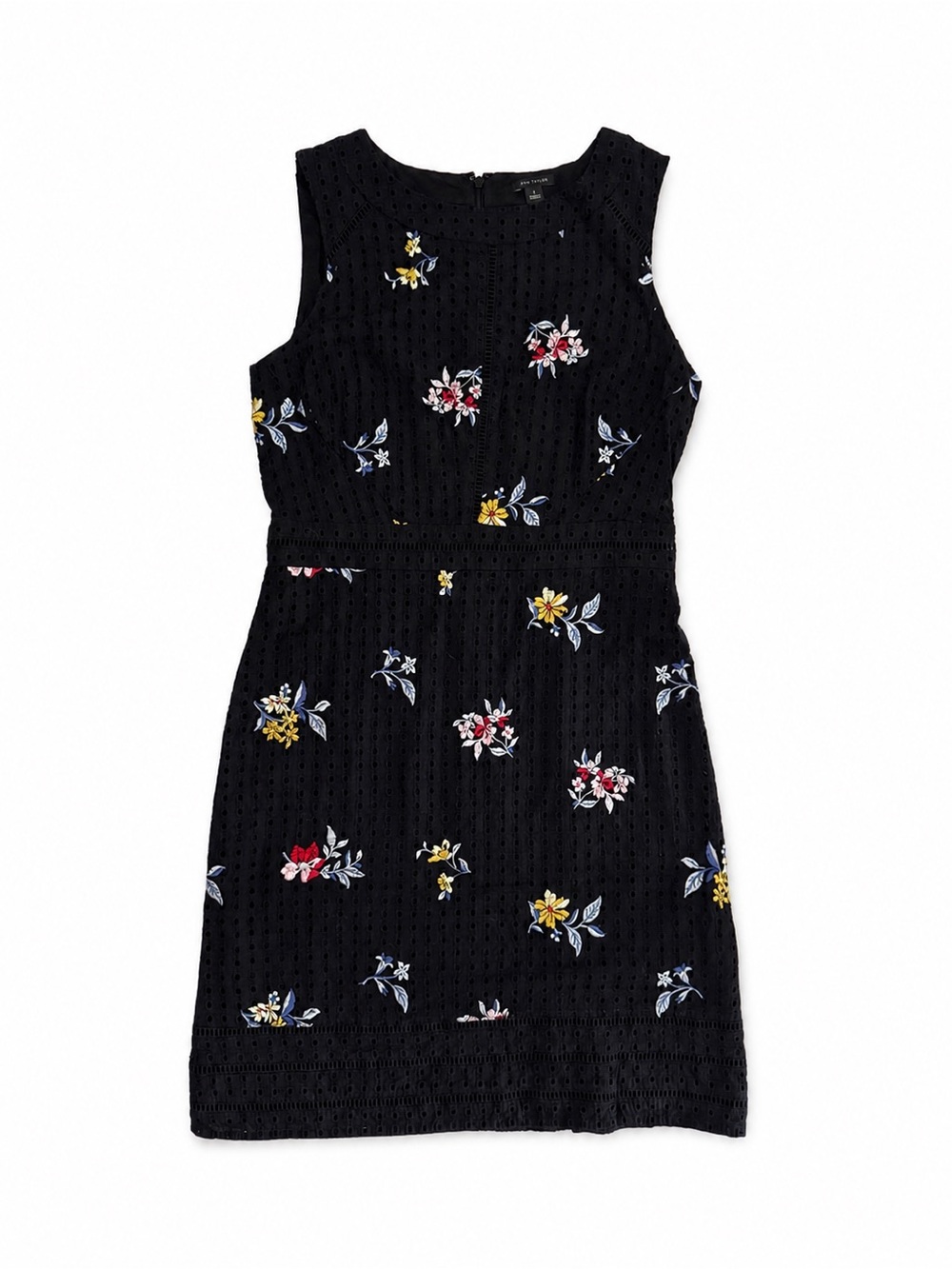 Ann Taylor Black Floral Embroidered Eyelet Sheath Dress